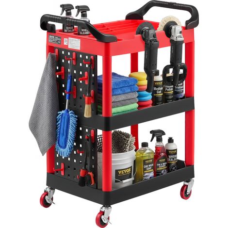 VEVOR Carro de Servicio Capacidad de 136 kg Estantes de 3 Niveles, Carro Utilitario de Herramientas con Ruedas, Bloqueo, Bandeja, Panel Perforado, Carrito para Patio, Oficina, Taller, Almacen y Garaje (1/5)