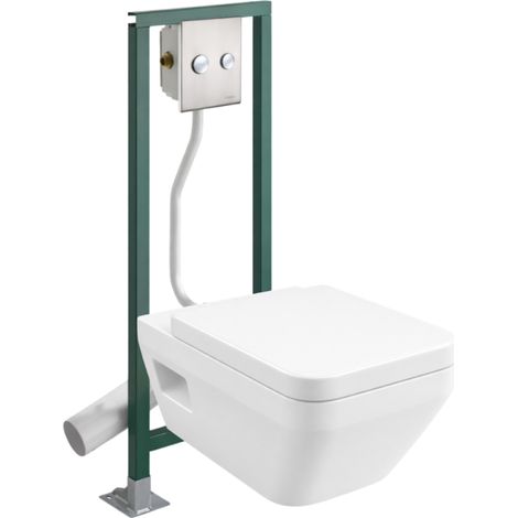 Pack inodoro suspendido rectangular sin reborde Villeroy & Boch Architectura Twistflush + Asiento + Estructura autoportante Presto + Placa de accionamiento
