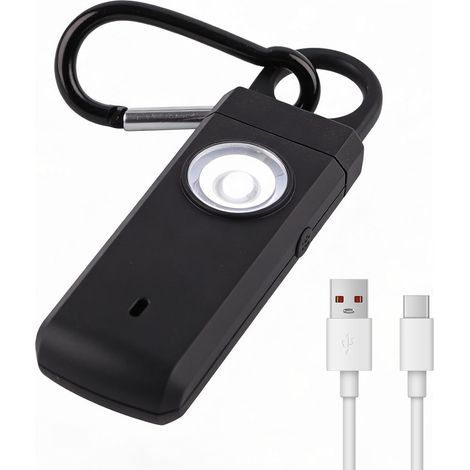 Porte-clés alarme personnelle rechargeable (noir) - 130 dB anti-agression pour femmes avec indicateur LED et indicateur de batterie - Dispositif de sécurité portable (1/5)
