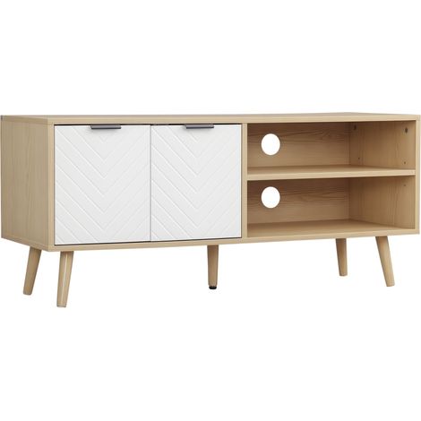 Mobile porta TV per televisori fino a 46 pollici, design scandinavo, 2 ante, 2 ripiani con sistema di gestione dei cavi, 110 x 39 x 48,8 cm