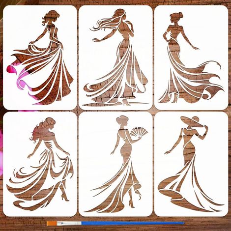 6 Pièces Pochoir de Peinture de Femme en Jupe Longue avec Pinceau, 21x29,7cm Pochoirs de Femme Dansant Réutilisables Pochoirs de Silhouette de Robe Dame pour Bois Mur Tissu Toile Meuble (1/5)