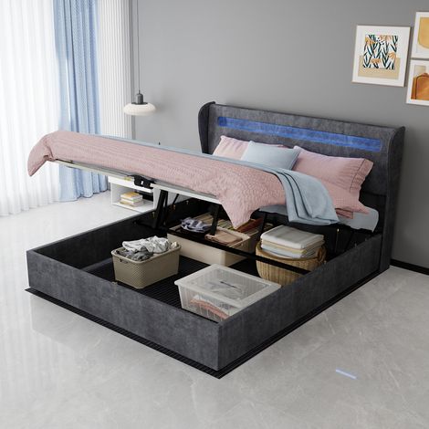 Lit capitonné moderne minimaliste 160x200 cm, tête de lit douce avec éclairage LED intégré, lit de rangement avec vérin à gaz, mobilier de chambre multifonction, sans matelas, couleur grise (1/5)
