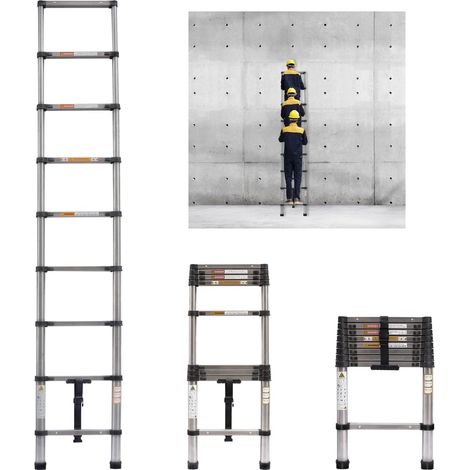 Multi-Purpose Telescoping Ladder 2.6m Heavy Duty Strong Extension Ladder 330lbs Load Capacity, EN131 Certificated, Compact Home Loft Ladder Portable Collapsible Ladder
