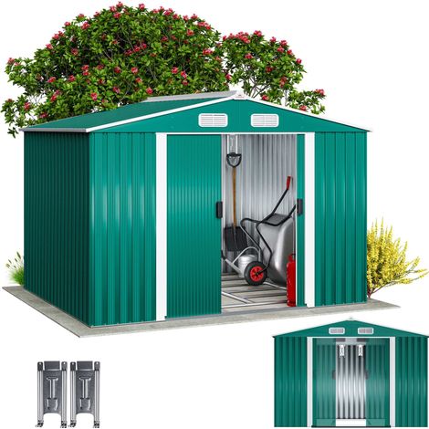Gardebruk – Abri de jardin métal vert 250x200cm – Toit carré – Porte coulissante – 4 ouvertures de ventilation – Rangement vélos et outils