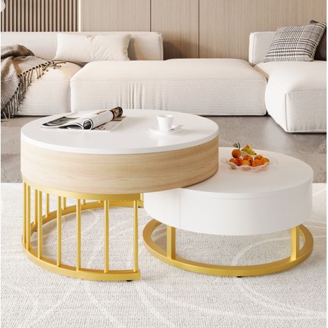 Table salon ronde relevable rangement MDF blanc doré OKMYHOME (1/5)
