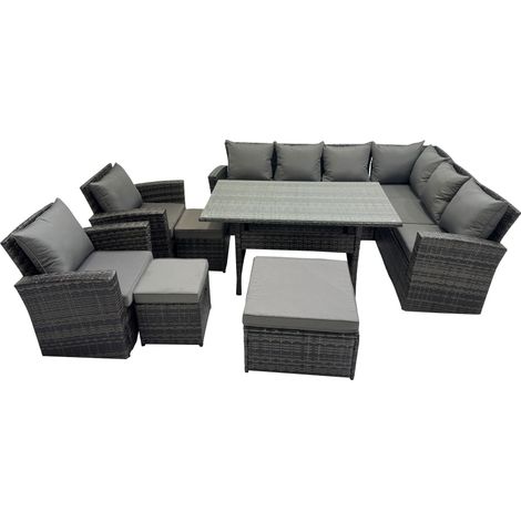 Fimous Rattan Garden Furniture Set Outdoor 11 Seater Patio Dining Corner Sofa Sets with Dining Table Chair Dark Grey Mixed (1/5)