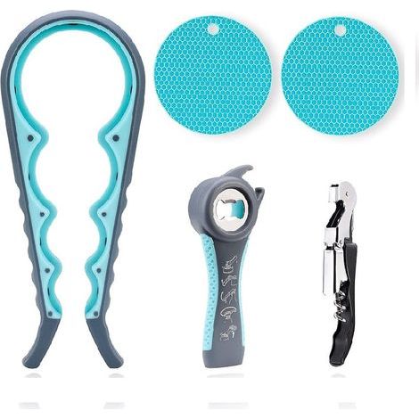 Juego de 5 abridores de frascos – apoyo para la artritis – herramienta multiusos – azul (1/4)