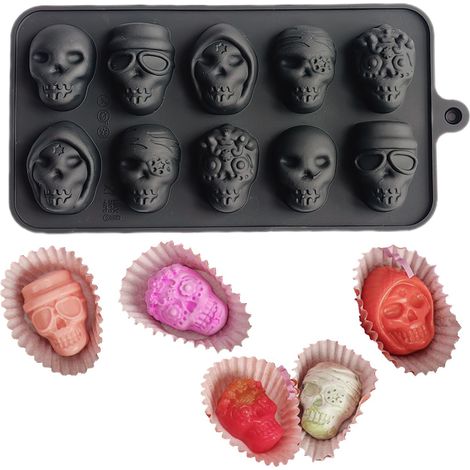 Moule à glaçons en silicone en forme de tête de mort - 4,5 cm - Couleur : noir - 22 x 11 cm - 6 compartiments - Motif tête de mort - Convient pour whisky, jus, bière, café, boissons (1/5)