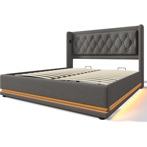 Cama doble gris tapizada de 180 x 200 cm con canapé hidráulico e iluminación LED, cabecero acolchado con carga USB tipo C, apta para adolescentes y adultos (colchón no incluido). (1/5)