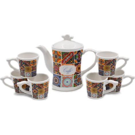 Set 6 Tazzine Tazze Caffe' Caffettiera in Ceramica con Vassoio Decoro Sicily (1/2)