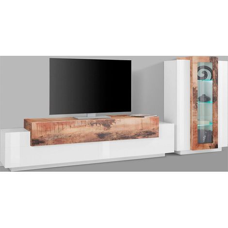 Parete Attrezzata Soggiorno Porta TV 200x45x51,6 cm con Vetrina Coro Bianco Lucido e Acero Pereira (1/4)