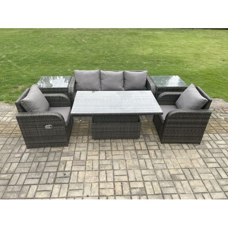 Fimous Outdoor Rattan Furniture Garden Dining Sets Height Adjustable Rising lifting Table Sofa Set With Chairs Side Tables (1/5)