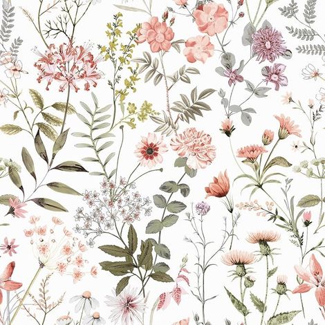 Carta da parati con fiori bianchi, carta da parati floreale rosa, adesiva per mobili, carta da parati con foglie tropicali, rotolo decorativo per camera da letto, armadio e soggiorno 44.5 cm x 300 cm (1/5)