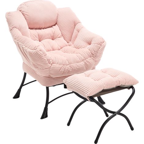 Fauteuil lounge avec ottoman rose, dossier ergonomique, poche latérale et structure en acier, siège d’appoint confortable pour salon, chambre ou coin détente  CHICFURN (1/5)