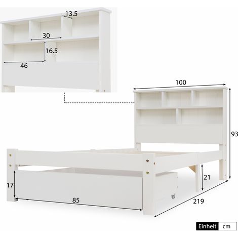 Letto con Cassetti Singolo, con Testiera Libreria e Vano Contenitore 90×200 cm, senza Materasso (1/4)