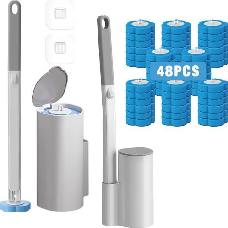 Brosse WC Jetable, Lot de 2 Brosse Toilettes WC avec 48 Recharges Nettoyantes, Brosse de Toilette Jetable, Nettoyeur Toilette Murale avec Détergent (1/5)
