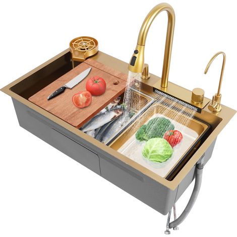 Évier de cuisine en cascade doré de 80 x 46 cm, évier de comptoir en acier inoxydable, équipé d'un robinet coulissant multifonctionnel ainsi que d'un système de vidange et d'accessoires (1/5)