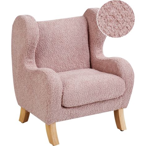 Sillón de bouclé tapizado con reposabrazos suave mobiliario habitación infantil rosa pastel Farum