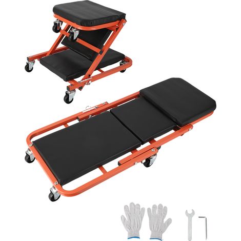 Siège roulant mécanicien 2-en-1 pliable Z – Capacité 150 kg – 6 roulettes pivotantes – Structure acier robuste – Confort atelier et réparation auto – Couleur : Black + Orange (1/5)