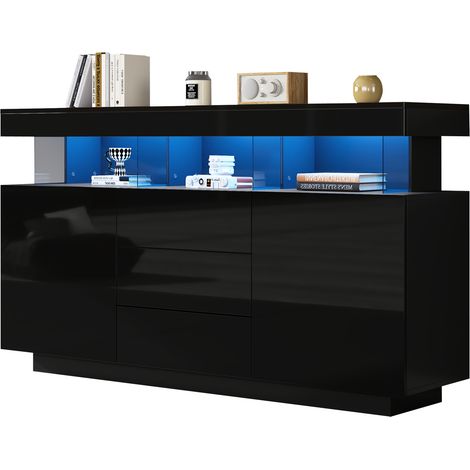 ELVMI Credenza con 3 Cassetti, 2 Ante Scorrevoli e LED Regolabile per Sala da Pranzo in Truciolare Nero (1/5)