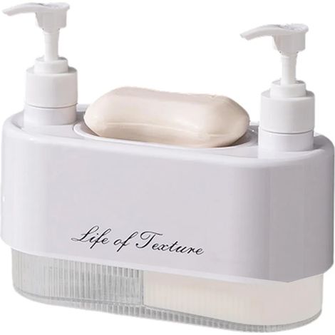 Distributeur de savon liquide double avec réservoir amovible pour liquide vaisselle, shampoing, soin du corps, savon pour les mains et gel douche – flacon pompe vide rechargeable pour la salle de bain (1/5)