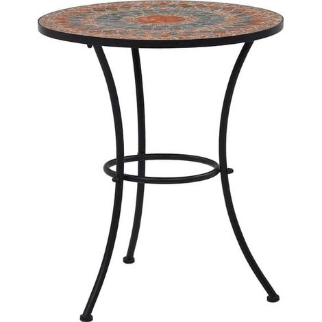 Table d'appoint ronde en céramique, motif mosaïque orange et gris, diamètre 60 cm (1/5)