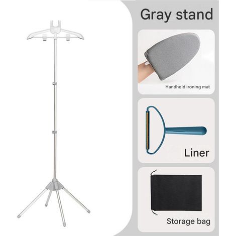 Support de Repassage Vertical Pliable Réglable – Porte-Vêtements pour Défroisseur Vapeur avec Planche à Main, Rasoir Anti-Bouloche et Sac de Rangement 1 Pièce, Gris