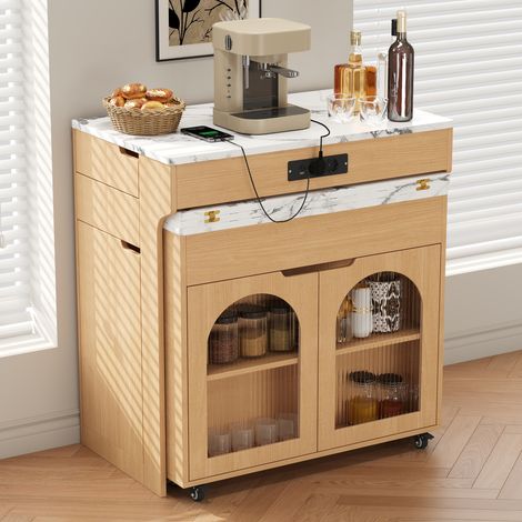Îlot de cuisine roulant extensible, prises, verre cannelé, 2 tiroirs, pour cuisine ou salle à manger, effet naturel, plan de travail pratique et modulable, rangement intégré (1/5)