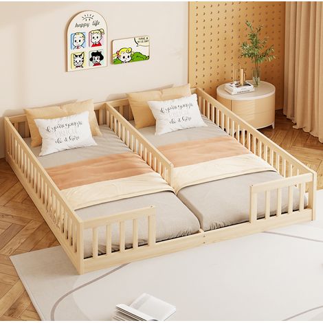 DESVIAE Lit enfant avec barrières et sommier 90 x 200 cm double couchage au sol en pin naturel pour deux enfants (1/5)