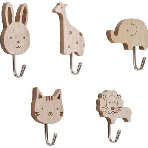 Patères murales en bois en forme d'animaux (lot de 5) - Décoration sur le thème des animaux - Chats, lions, lapins, girafes, éléphants - Crochets en bois pour la décoration de la chambre d'enfant et d (1/5)