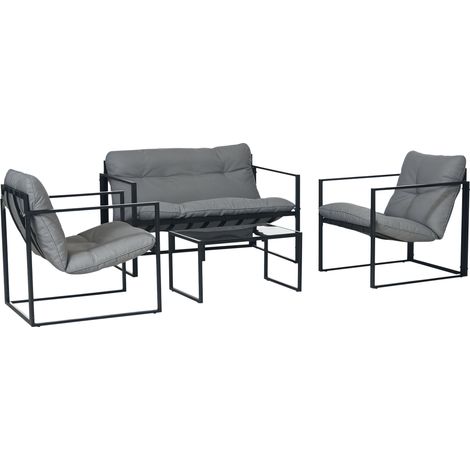 Outsunny Gartenmöbelset, Glastisch, 2 Sessel und Sofa, wetterfest, Maße 114 x 70 x 67 cm, grau und schwarz