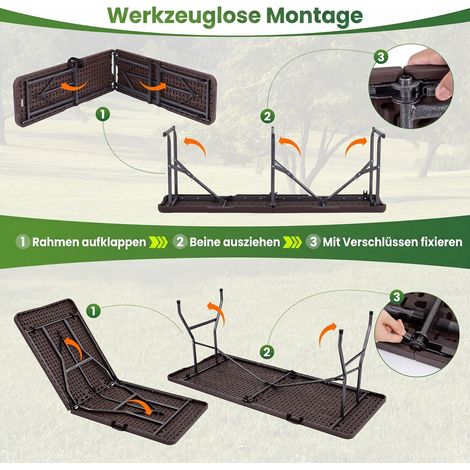Folding garden table in rattan look + 2-piece set of folding beer benches in rattan look with carrying handle, brown (1/5)
