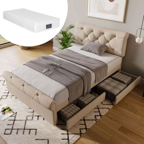 Lit simple - KOMHTOM - Chesterfield Scroll - 90x200 cm - Têtière réglable - 2 tiroirs - Matelas 406 ressorts (1/5)
