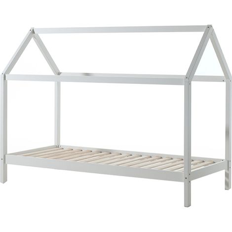 Lit cabane 90x200 et sommier pin massif blanc Kali (1/4)