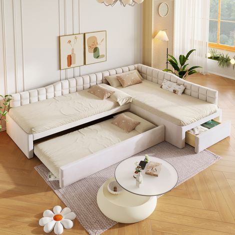 Letto a scomparsa 90x200 cm in velluto, con cassetti e design a L, beige (1/5)