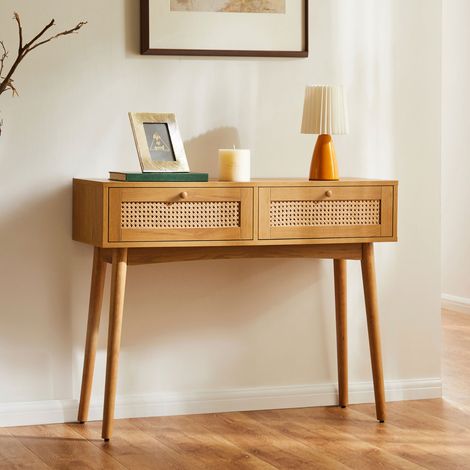 Console 2 tiroirs 100x35x80 cm avec cannage naturel - LOUNEA (1/5)