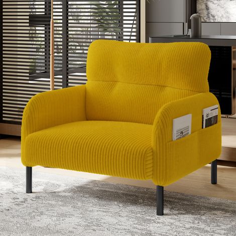 Sillón individual de terciopelo amarillo con bolsillo lateral, respaldo ergonómico y estructura de metal (1/5)