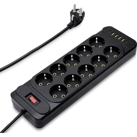 Multiprise 10 prises avec USB-C, protection contre les surtensions avec commutable, prise murale, multiprise avec câble d'extension de 2 m, noir (1/5)