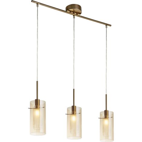 Suspension métal verre fumé E14 H : max 130 cm en laiton champagne 3 lampes allongées moderne. (1/4)