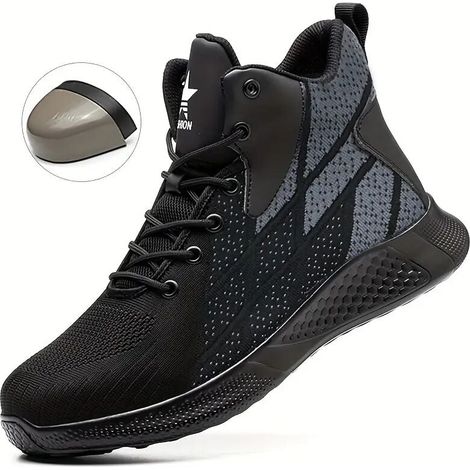 Chaussures de sécurité homme femme à coque acier - Sneakers de chantier montantes respirantes légères, semelle anti-perforation antidérapante, Noir-38 (1/5)