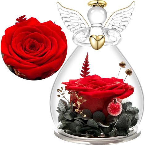 Rose Eternelle Cadeau Femme,Ange Figurine en Verre avec Fleur Eternelle Cadeau Maman,Cadeaux Anniversaire Femme Mamie Amie,Ange Gardien Cadeaux Noël Fête des Mères,Vraie Rose Préservée (1/5)