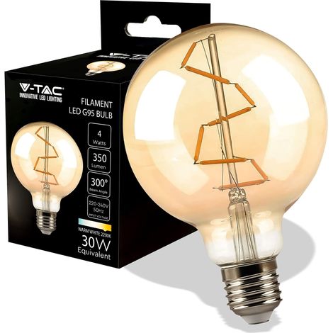 V-TAC Lampadina LED Filamento Ambrata G95 con Attacco E27-4W (Equivalenti a 30W) - 350 Lumen - Lampadine Vintage Retrò - Massima Efficienza e Risparmio Energetico - 2200K Bianca Calda (1/5)