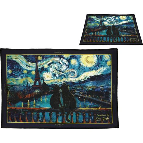 Alfombra de noche Carmani de 60x40 cm, inspirada en Van Gogh/La noche estrellada y los gatos. (1/2)