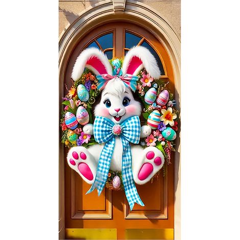 Guirlande Porte Paques - Lapins Et Oeufs Colorés - Décoration Printemps Pour Entrée Porche Mur - Polyester - 1 Pièce (1/5)