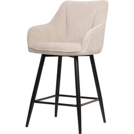 Tabouret de bar pivotant beige – Siège en tissu confortable avec accoudoirs – Pieds en métal noir – Hauteur assise 66 cm – Dimensions L. 54 x P. 59 x H. 98 cm