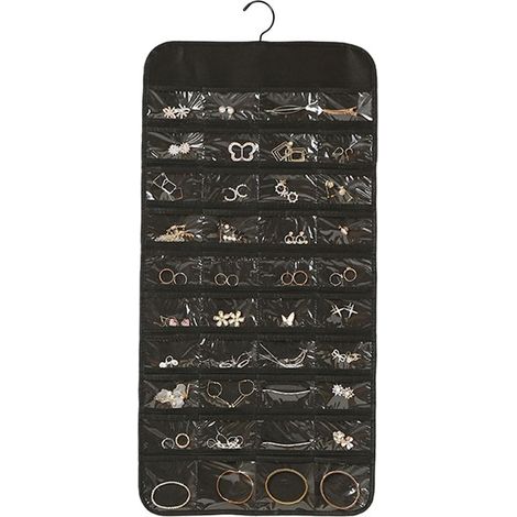 Roulette de rangement suspendue pour bijoux avec crochets métalliques, porte-bijoux double face pour boucles d'oreilles, colliers et bagues, à fixer dans un placard, au mur ou sur une porte, noir (1/5)
