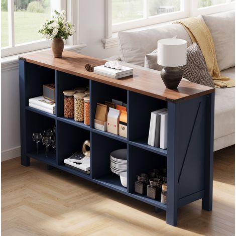 Scaffale orizzontale a 8 vani aperti 140 x 34 x 75 cm in MDF blu effetto legno OKWISH (1/5)