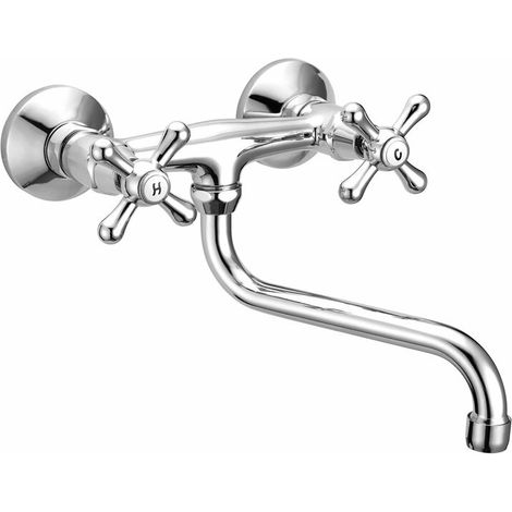 Schläfer 3460110 Rubinetto a Muro per Lavello Cucina, Lavatoio Lavanderia e Lavabo Bagno, con Manopole Stile Antico e Canna Girevole Universale a S 200mm, Finitura Cromata (1/5)