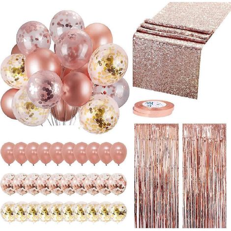 Pailletten-Tischläufer, Folienvorhang, Schleifenband, roségoldene Luftballons, Partydeko-Set