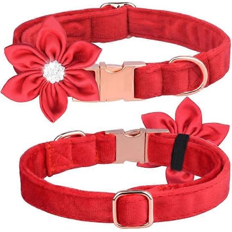 Rotes Samt-Prinzen-Katzenhalsband, Hundeaccessoire mit Blumenschleife, funkelndem Kristall, Größe S, eleganter Haustierschmuck.